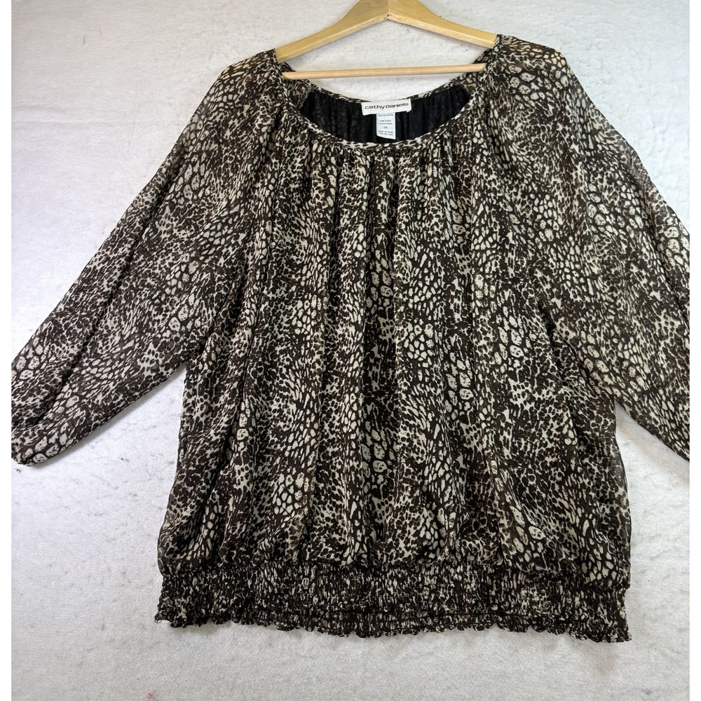Cathy Daniel's Animal Print Peasant Blouse Size 2X Elastic Hem 3/4 Sleeve Lined